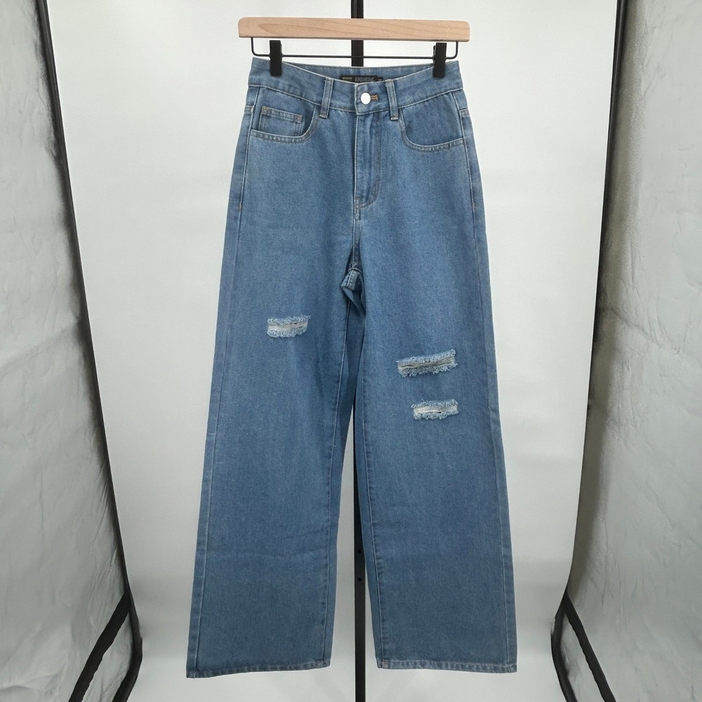 Finesse Womens High Rise Wide Leg Jeans Distressed Medium Wash 100% Cotton XS